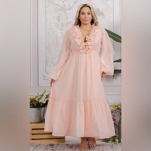 LONG SLEEVE V-NECK RUFFLE OPEN BACK TIE MAXI DRESS